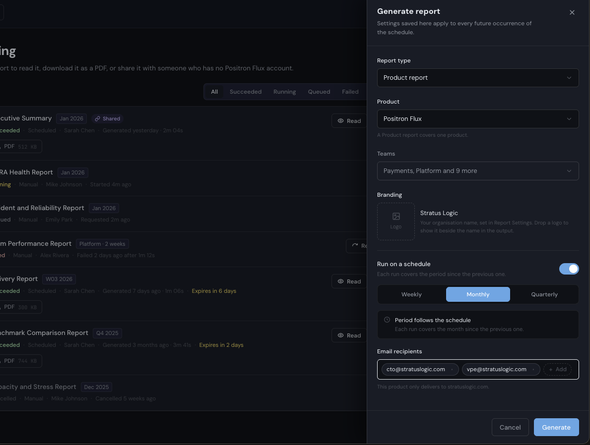 Image of the reporting section of Positron Flux, including the create new report drawer