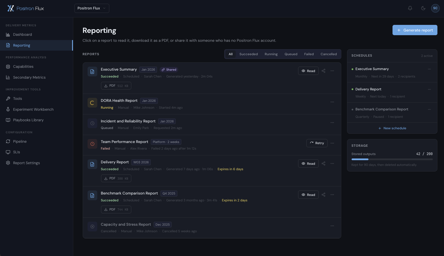 Image of the reporting section of Positron Flux, including executed and pending reports, a scheduling manager, and a gauge showing the number of reports stored