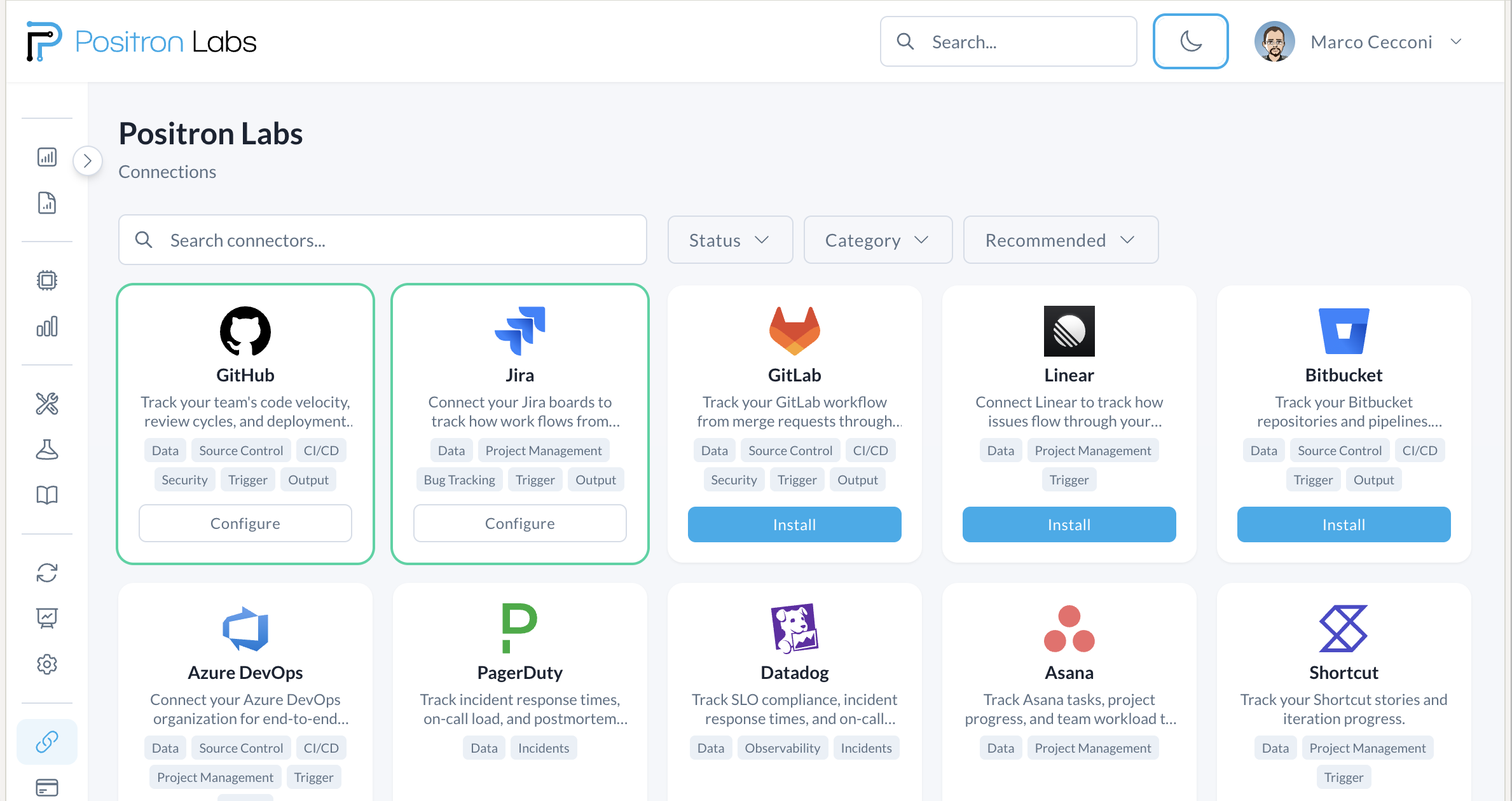 Positron Flux Connections page showing available integrations